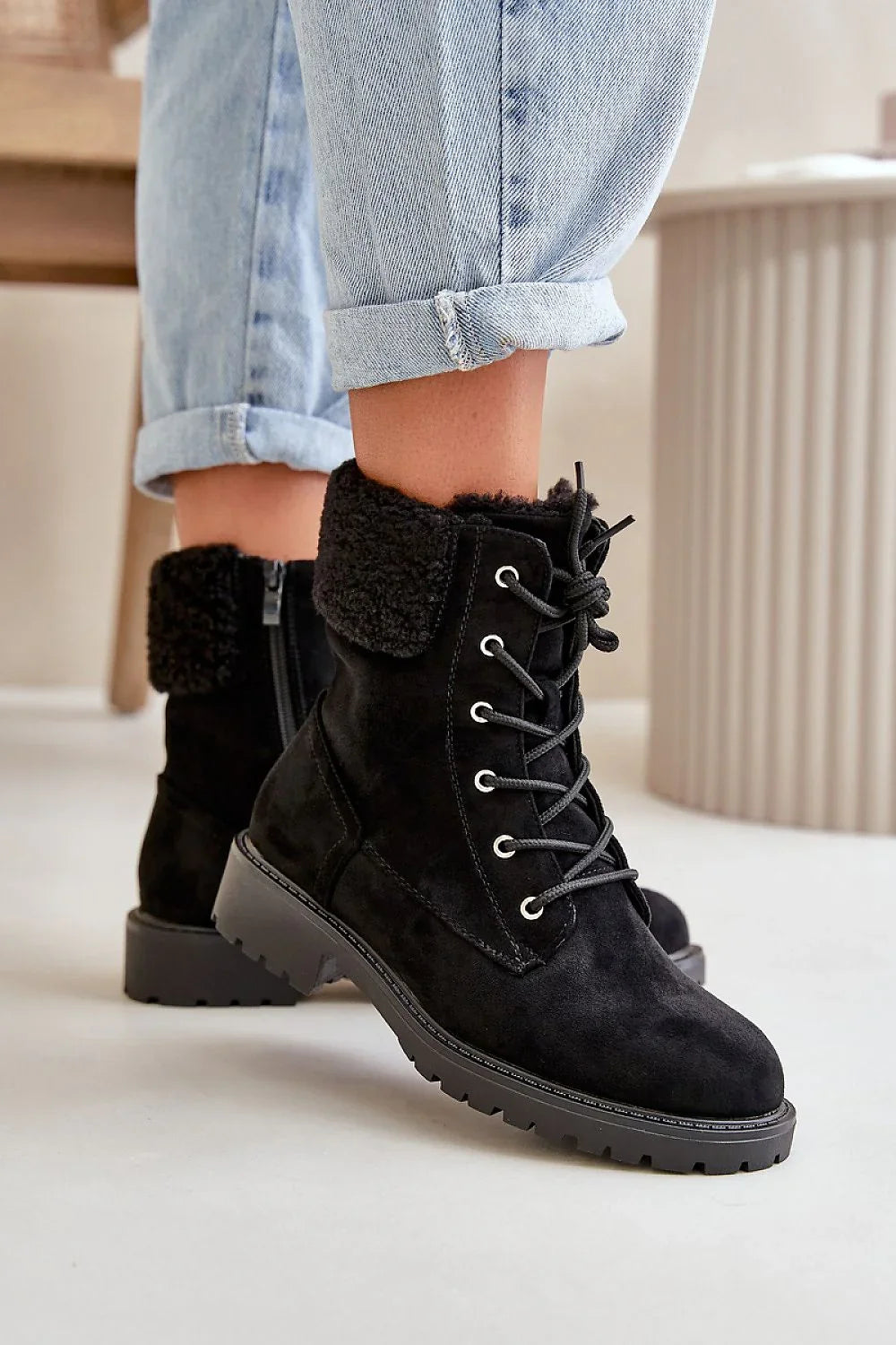 Women's Fur-Trim Suede Ankle Boots – Black – Ankle Boots | GUOCALI – view 3