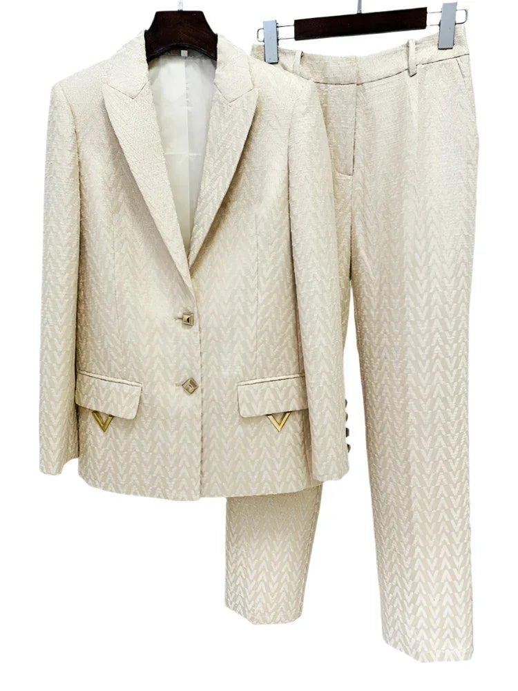 Women's Geometric Single-Breasted Pantsuit – Beige – Pant Suit | GUOCALI