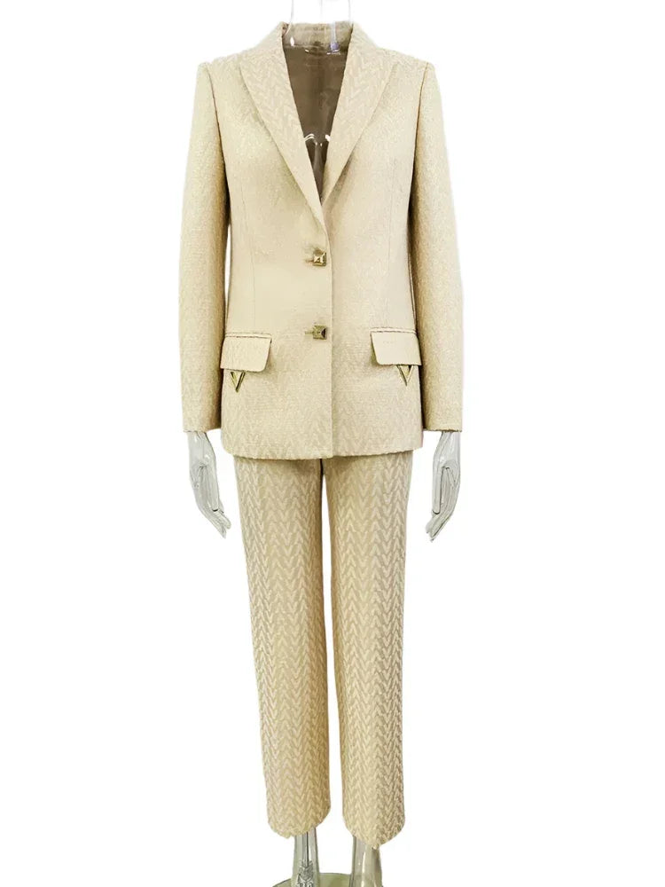 Women's Geometric Single-Breasted Pantsuit – Beige – Pant Suit | GUOCALI – view 6