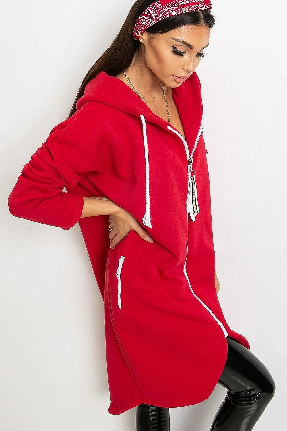 Women's Hoodie Athleisure Longline Full-Zip Stretch Cotton – Hoodie | GUOCALI – view 34