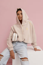 Women's hoodie beige cropped long sleeves cotton blend