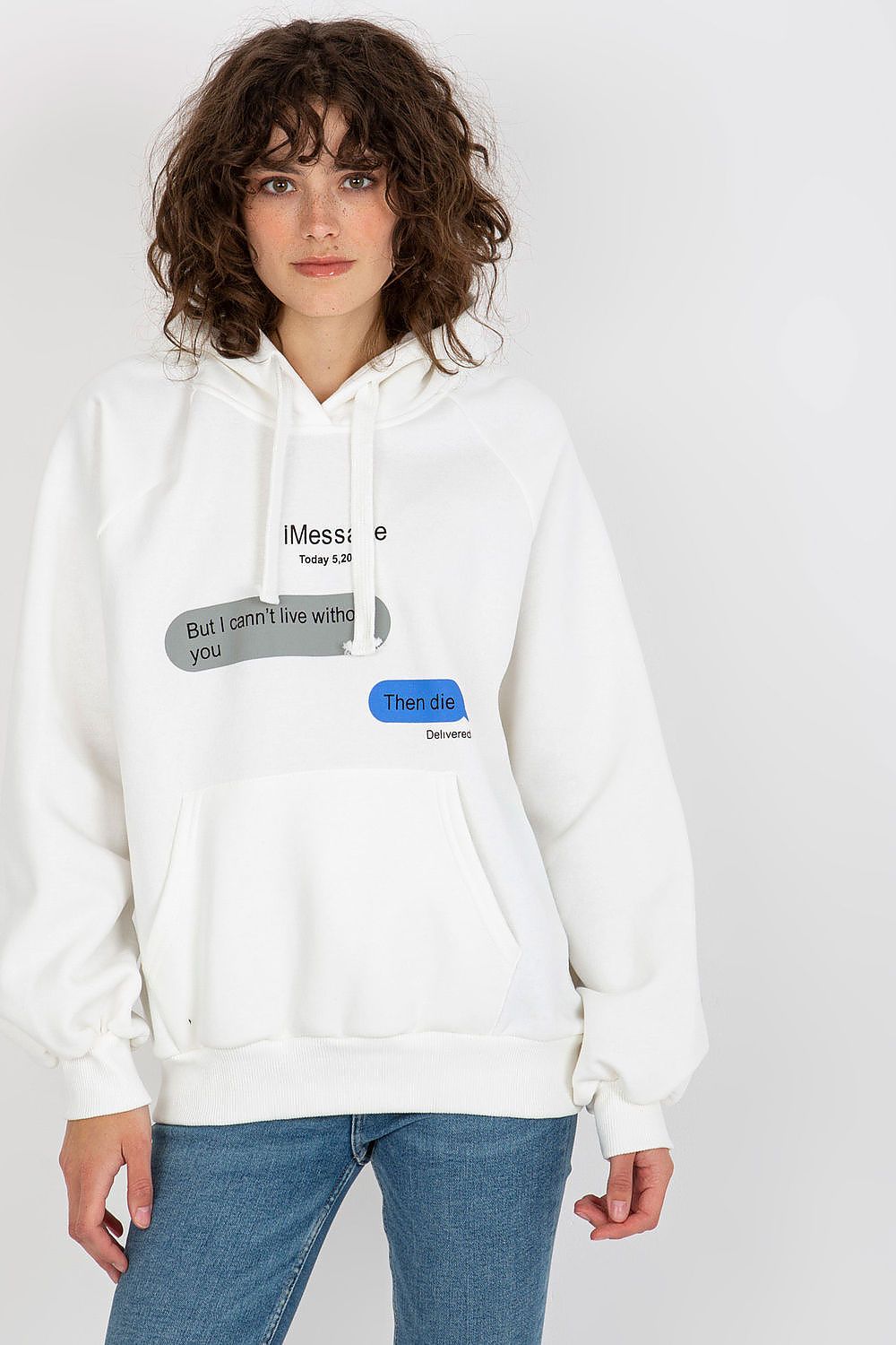 Women's hoodie beige graphic kangaroo pocket cotton blend