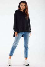 Women's hoodie black asymmetric hem long sleeves cotton blend