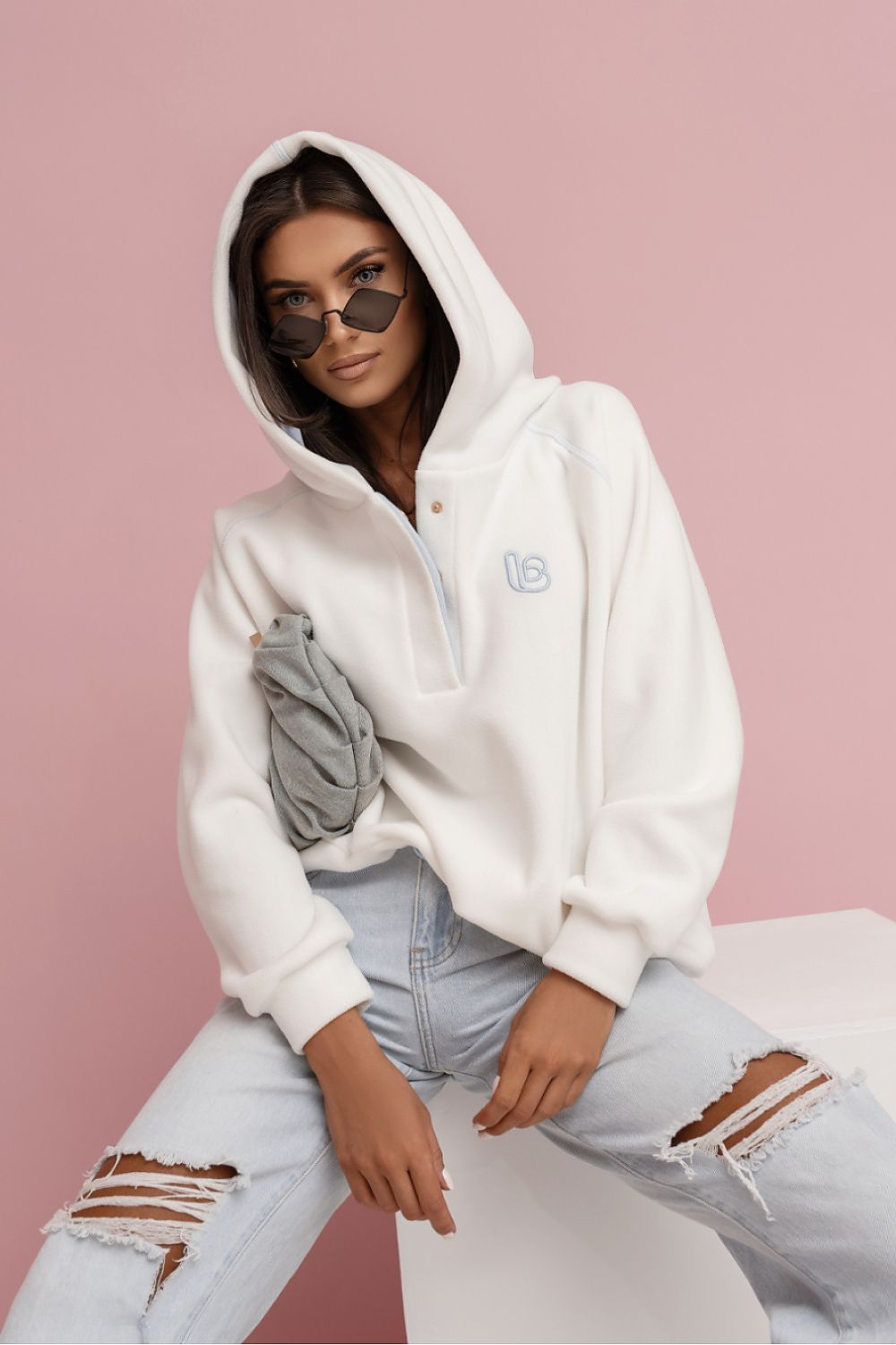 Women's hoodie beige second shade hood up front view
