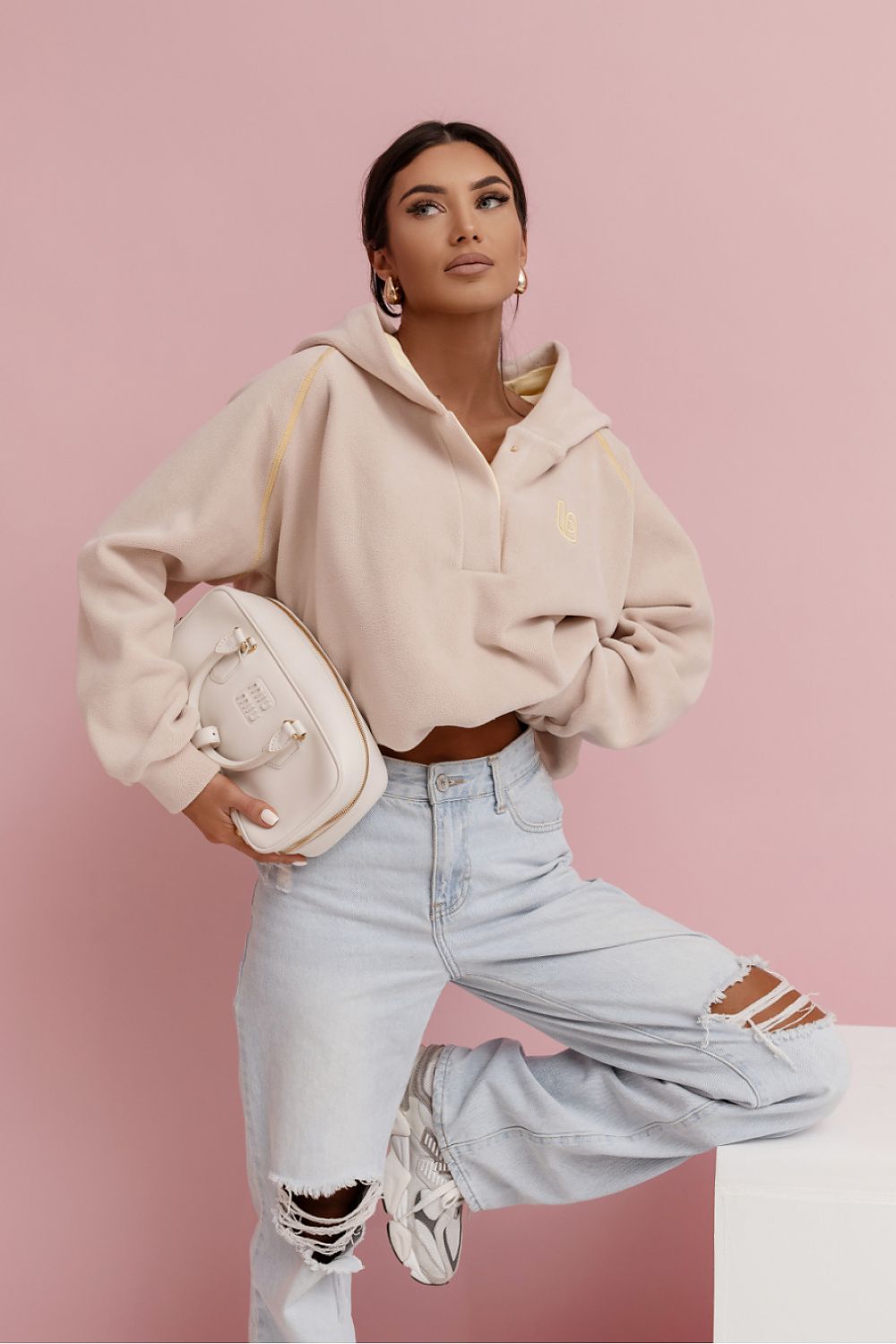 Women's Hoodie Cropped Fleece Beige – Hoodie | GUOCALI