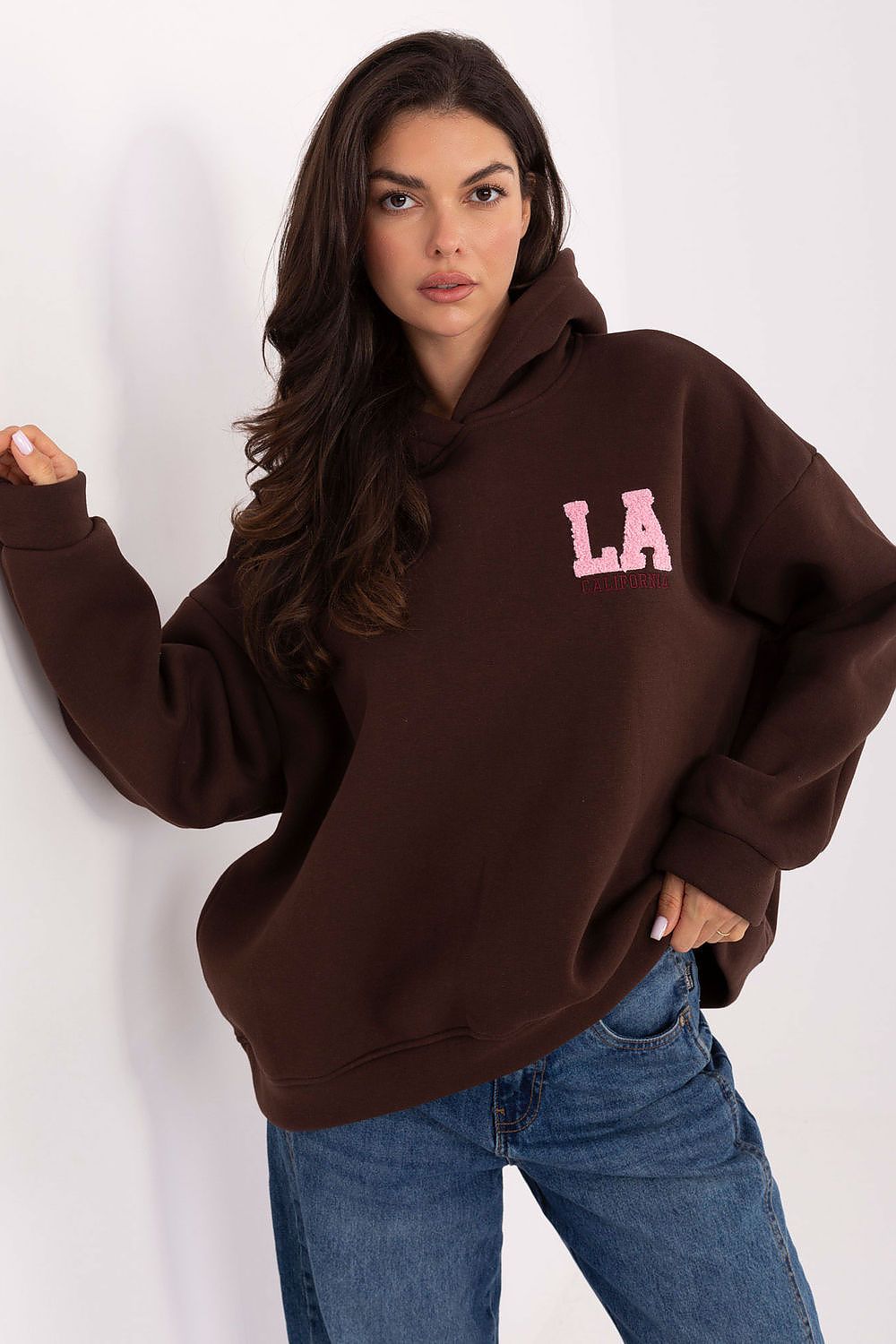 Women's hoodie brown embroidered lettering front view