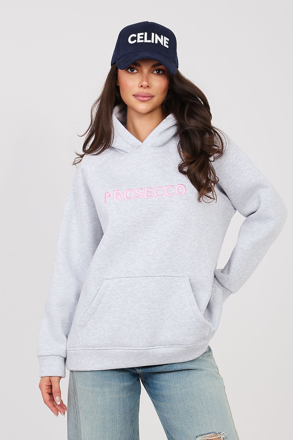 Women's hoodie grey embroidered logo front view