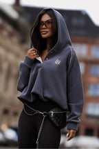 Women's hoodie grey fleece button placket front view