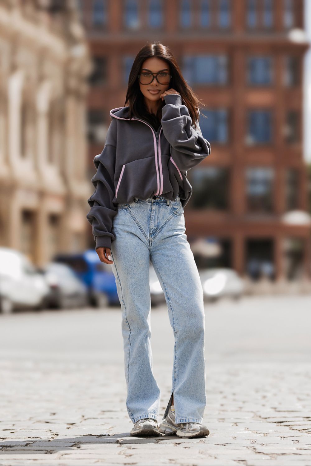 Women's hoodie grey loose fit casual view