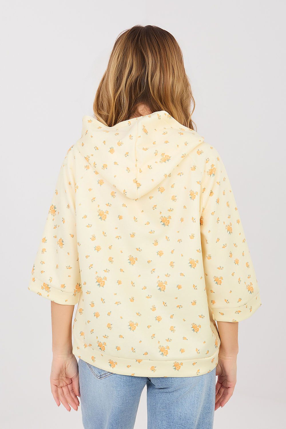 Women's hoodie yellow floral print detail view