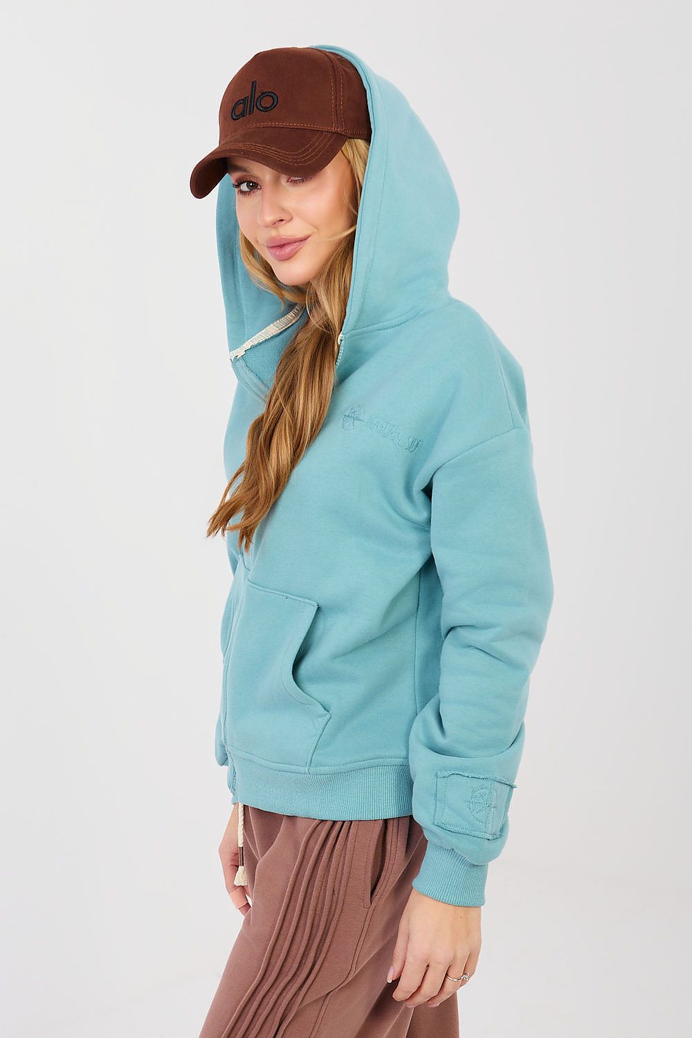 Women's hoodie blue chest embroidery detail view