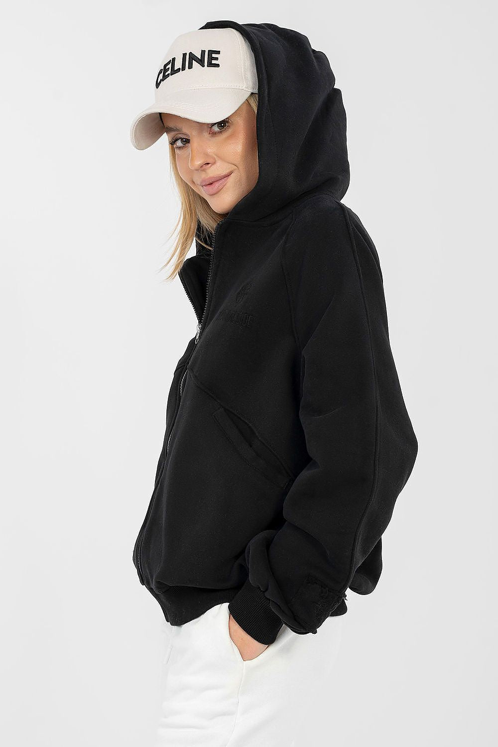 Women's hoodie black chest embroidery detail view