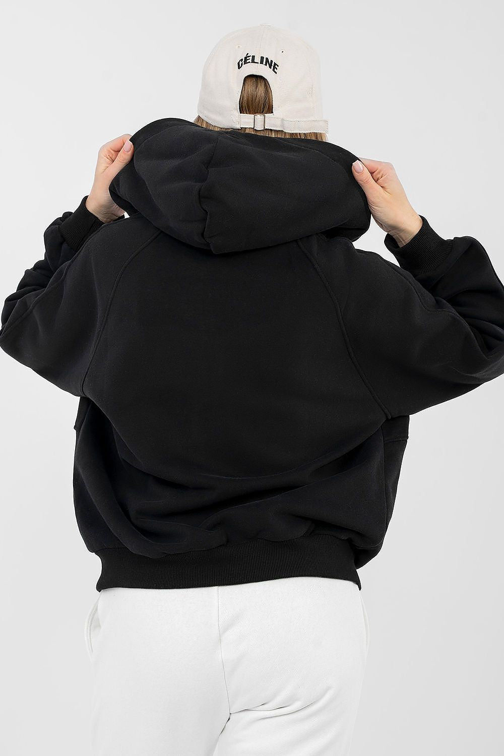 Women's hoodie black zip-up casual view