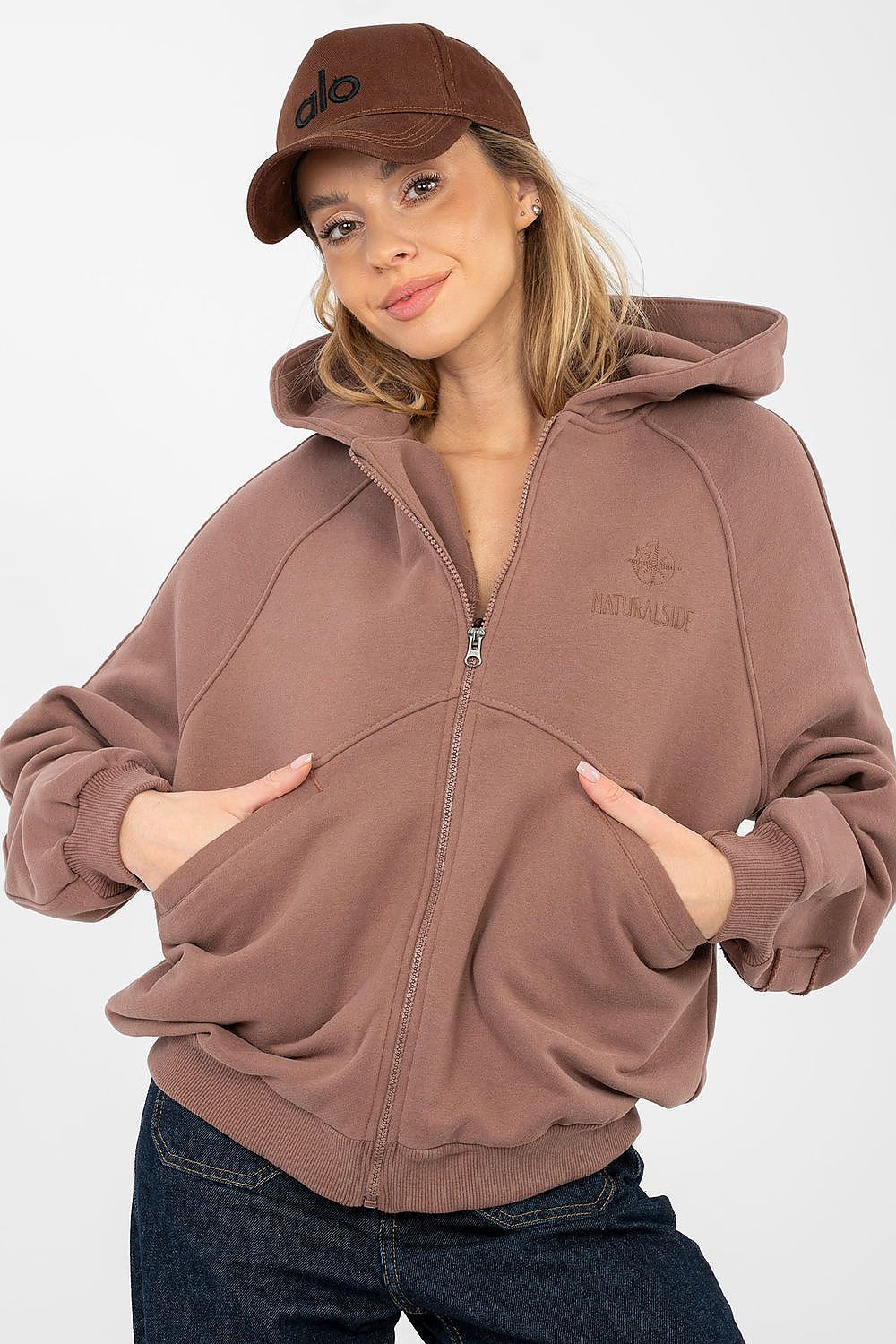 Women's hoodie brown full zip with chest embroidery front view
