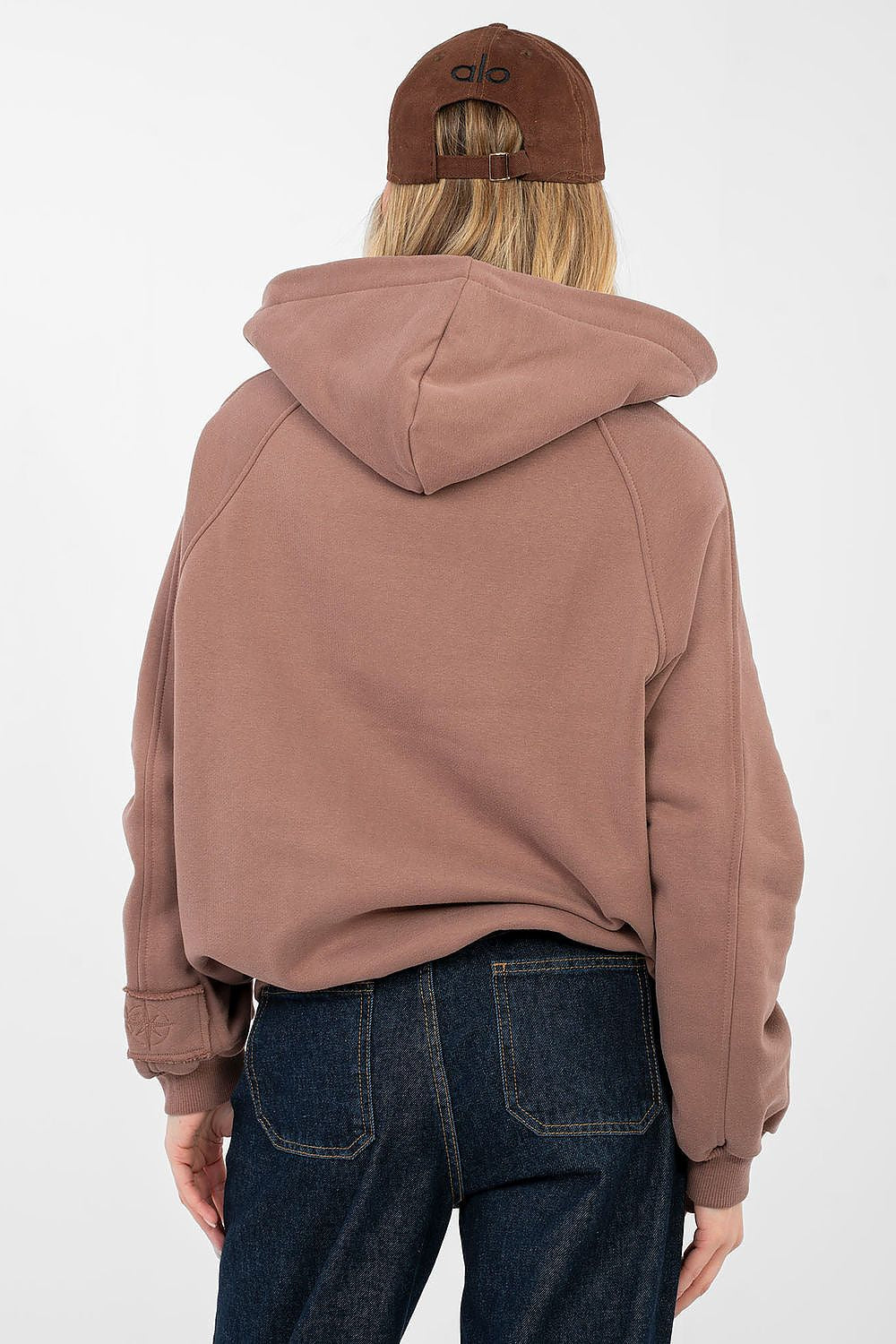Women's hoodie brown chest embroidery detail view
