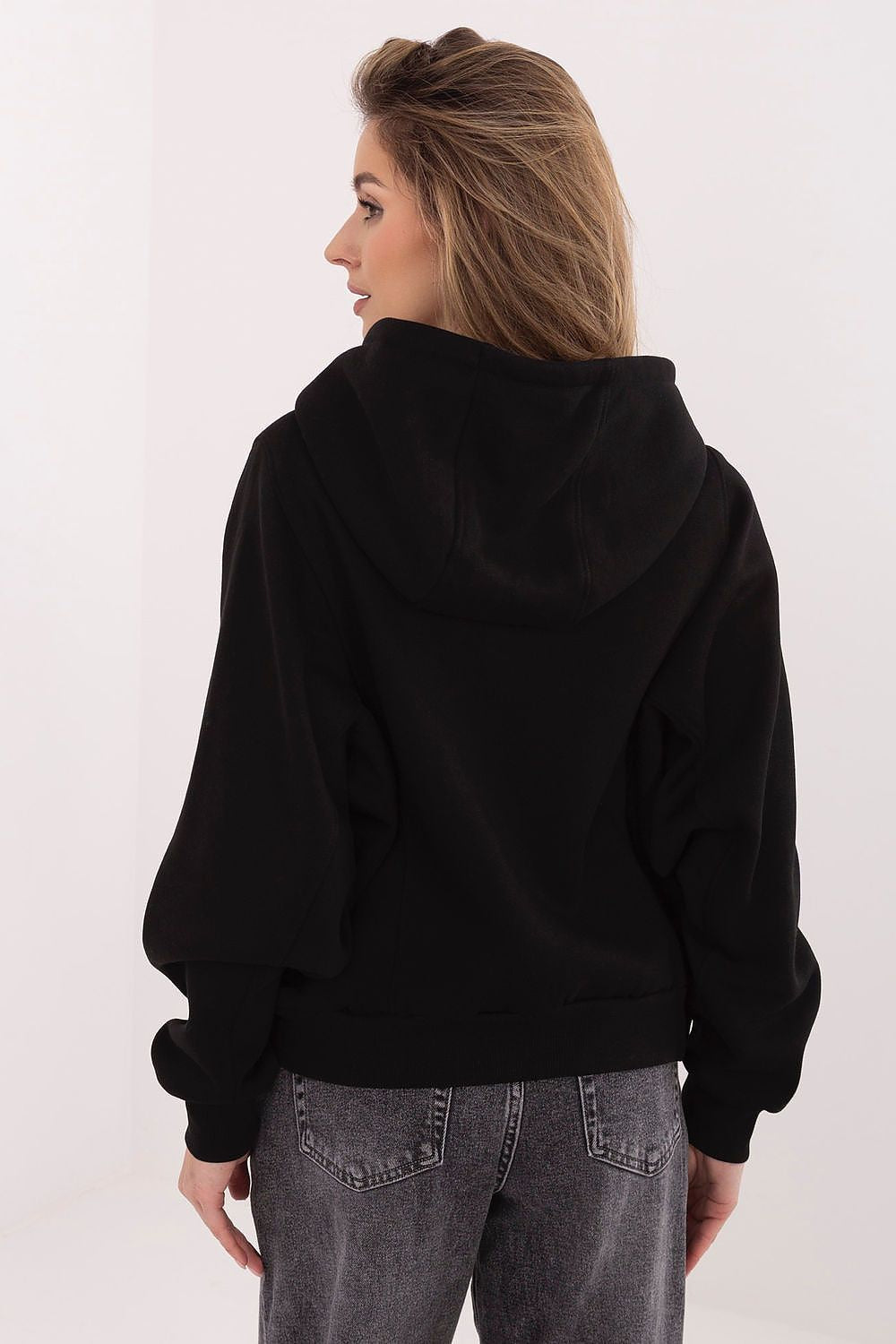 Women's hoodie black chest lettering detail view