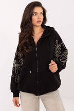 Women's hoodie black full-zip embroidered sleeves front view