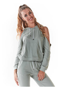 Women's hoodie green kangaroo pocket cutout cotton blend front view