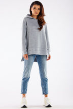 Women's hoodie grey asymmetric hem long sleeves cotton blend