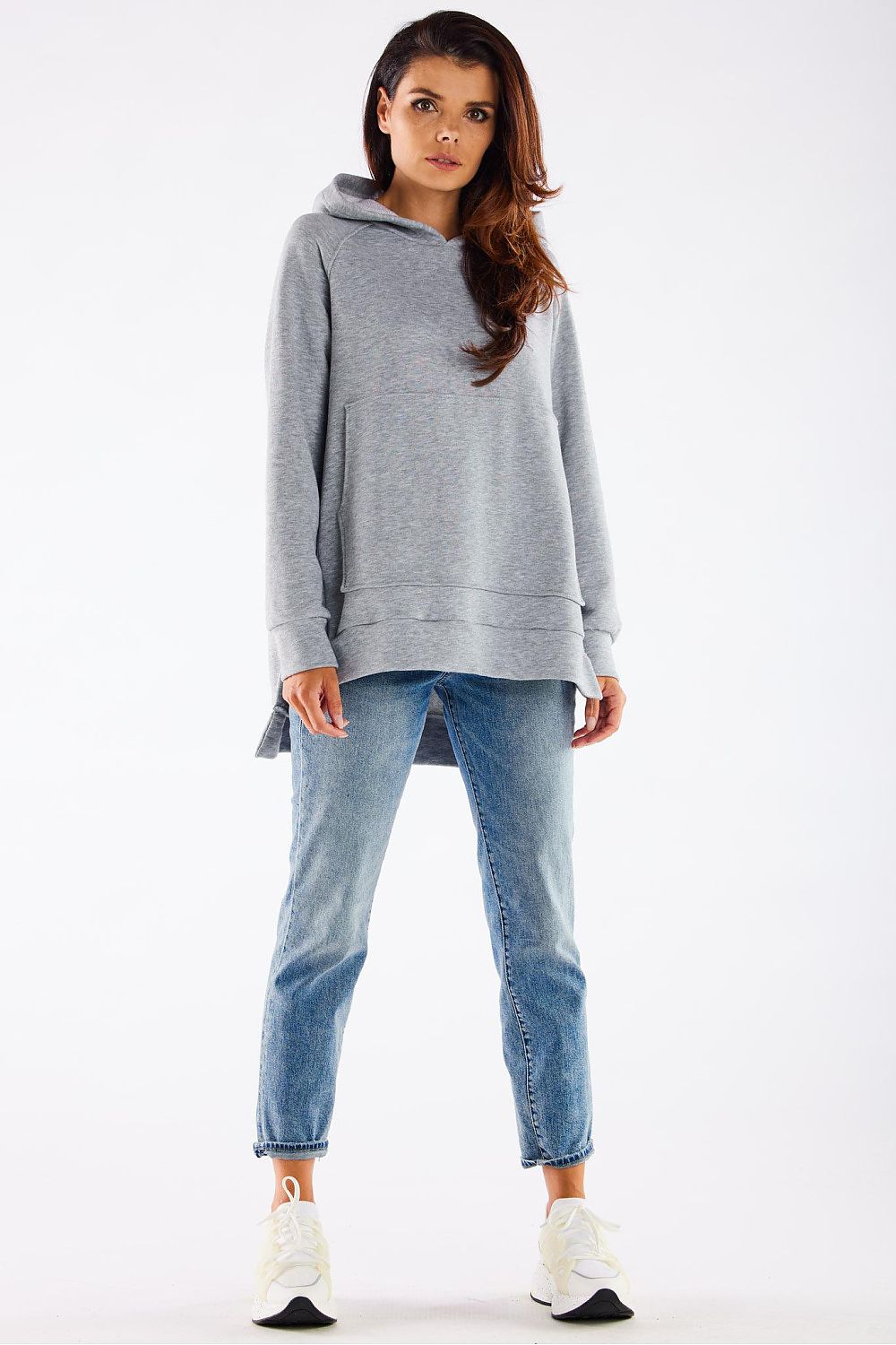 Women's hoodie grey asymmetric hem long sleeves cotton blend
