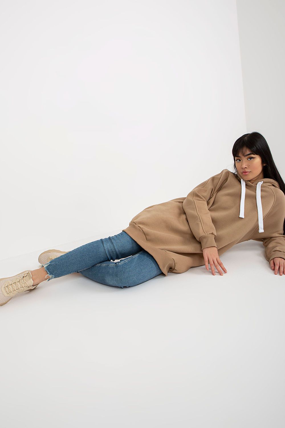 Women's hoodie beige longline styled view