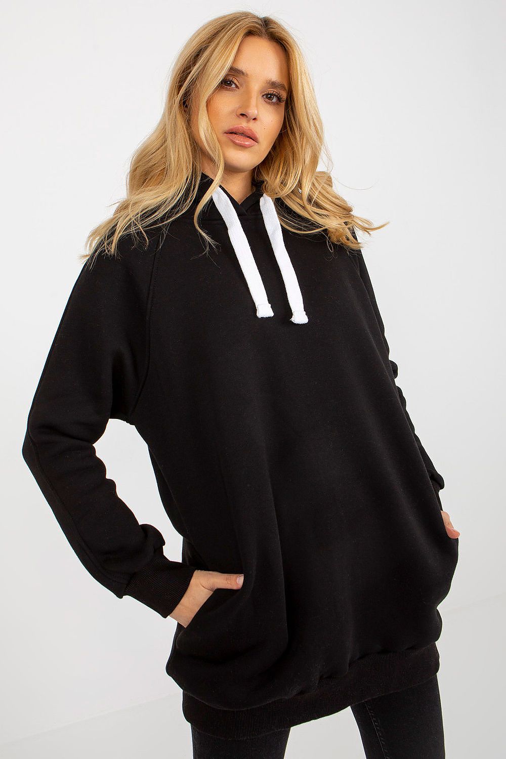 Women's hoodie black longline drawstring hood front view