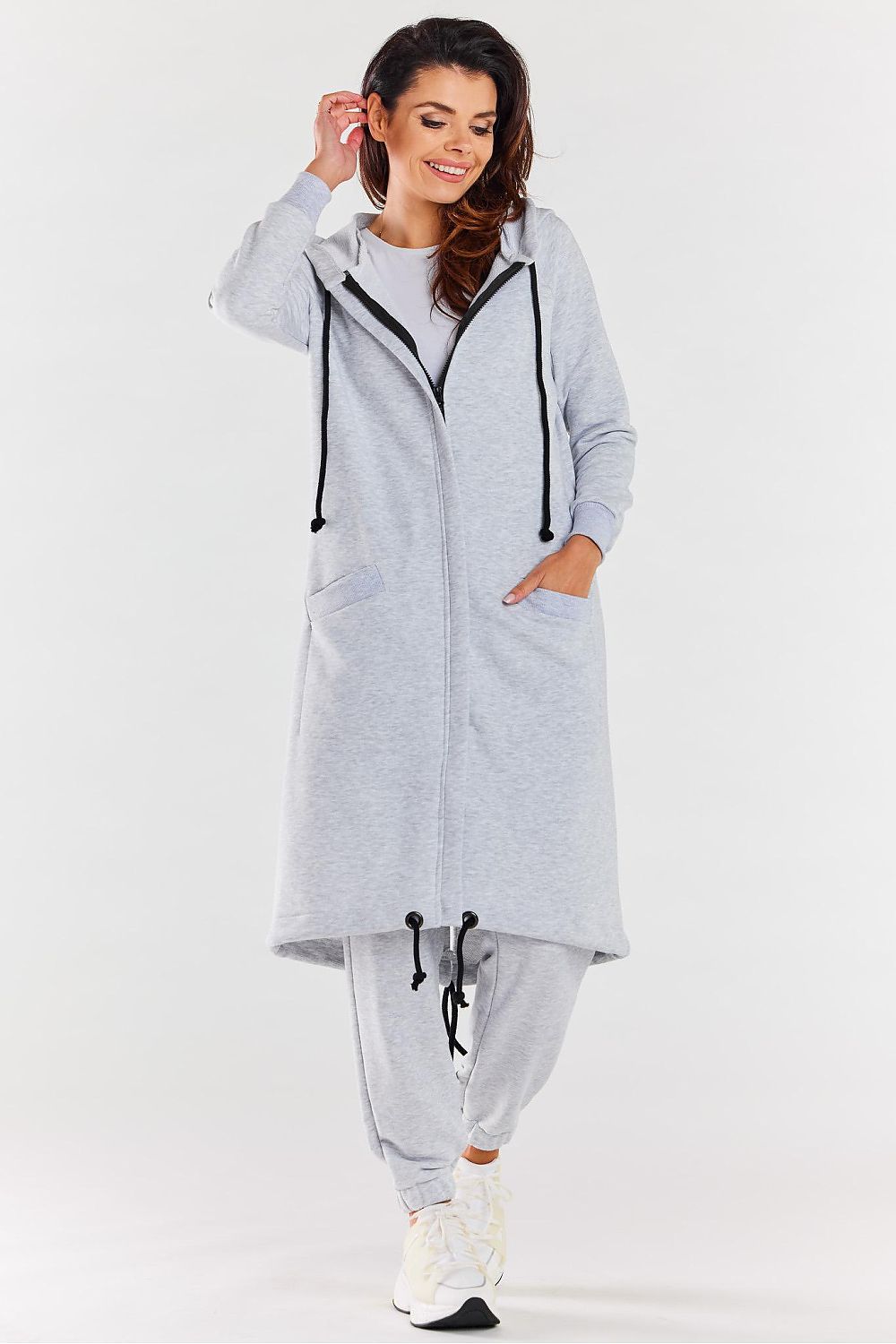 Women's Hoodie Longline Full-Zip Drawstring Grey – Hoodie | GUOCALI
