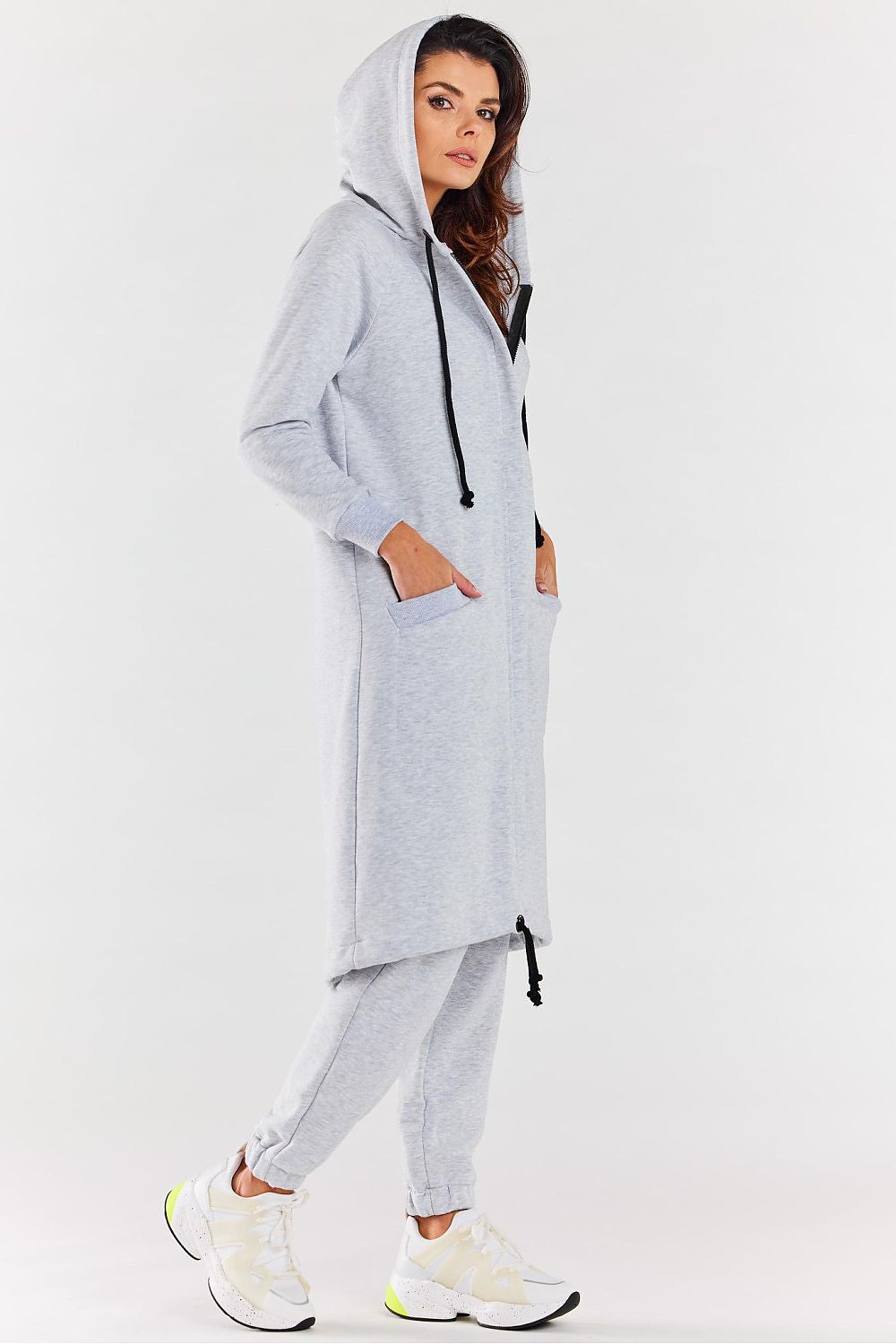 Women's Hoodie Longline Full-Zip Drawstring Grey – Hoodie | GUOCALI – view 2