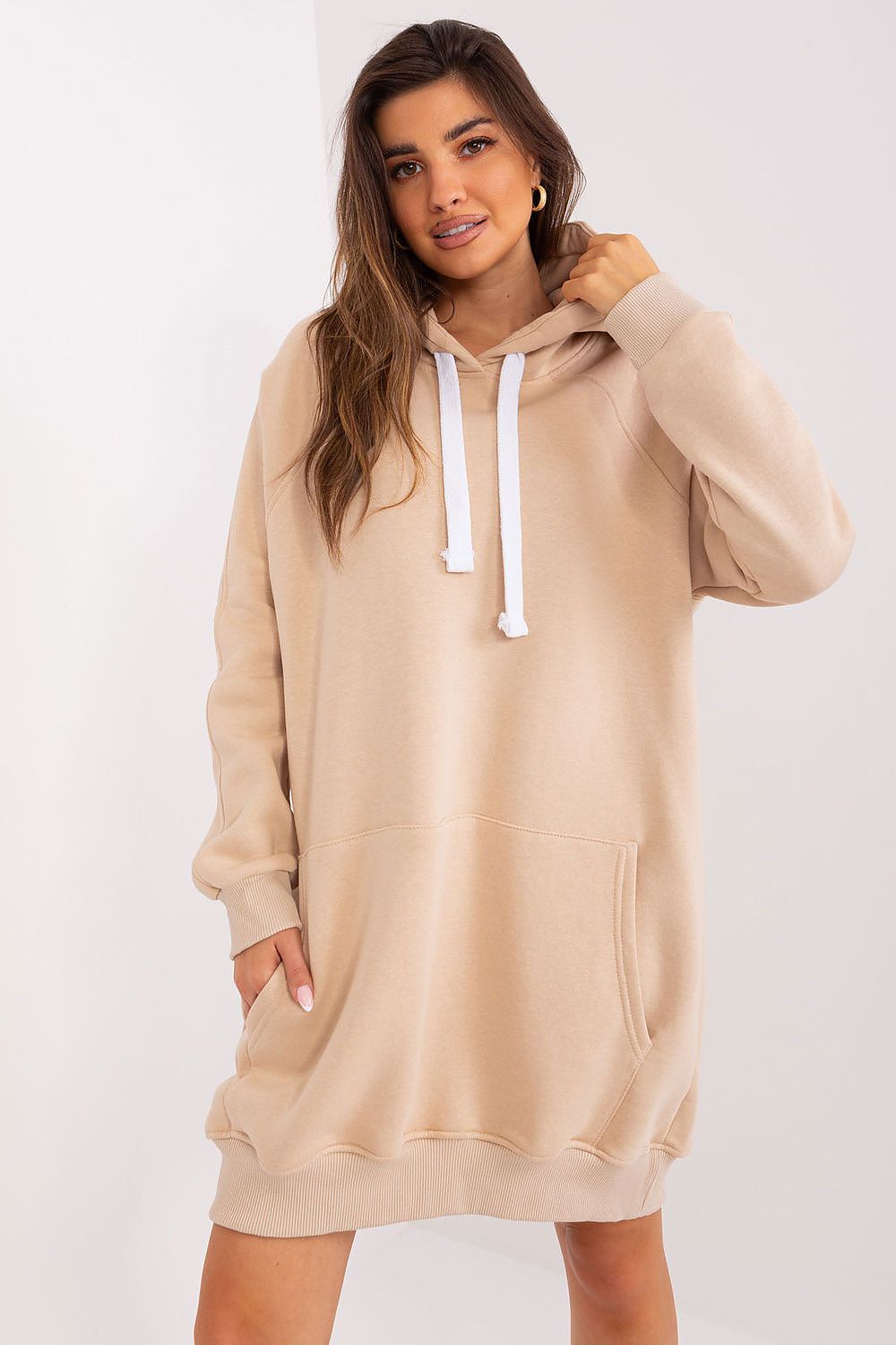 Women's hoodie beige longline styled view