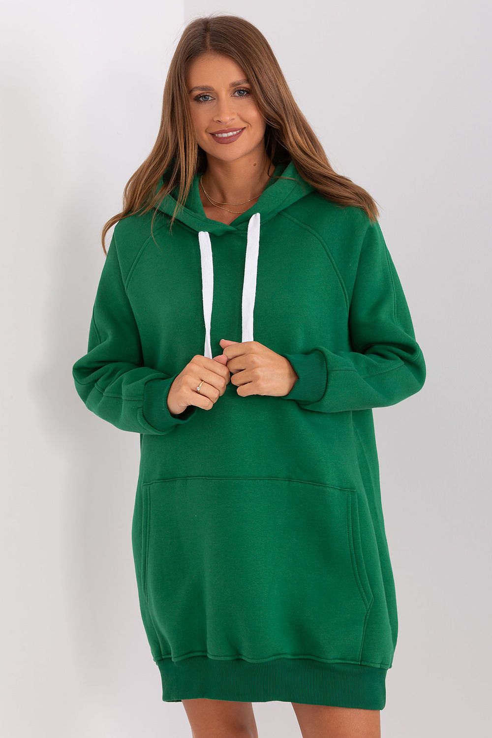 Women's hoodie green longline kangaroo pocket front view