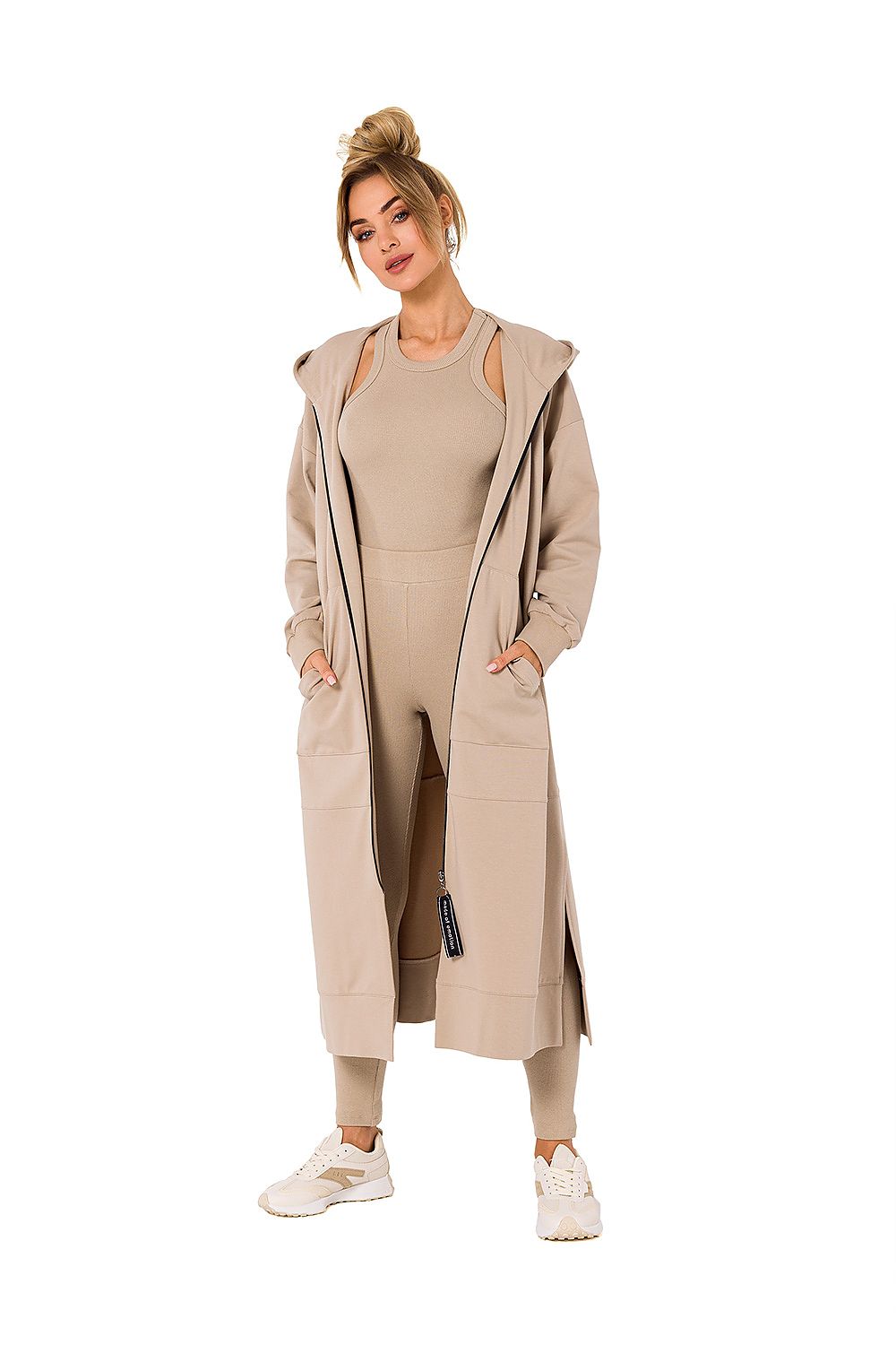 Women's hoodie beige longline zip-up front view