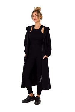 Women's hoodie black longline zip-up front view