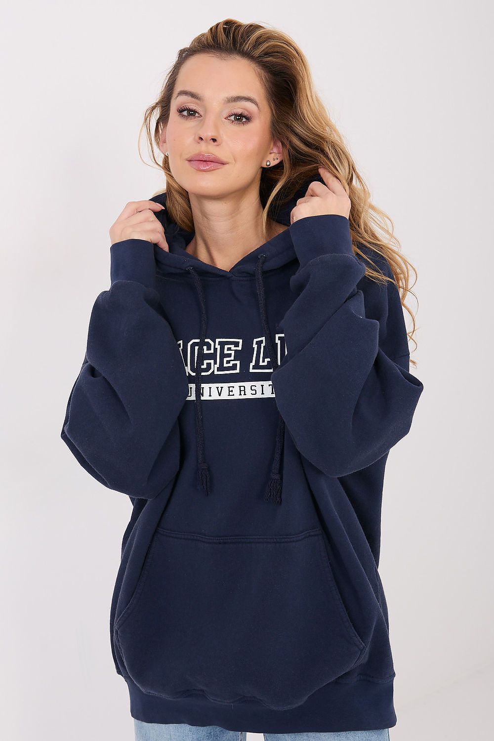 Women's hoodie navy oversized letter print front view