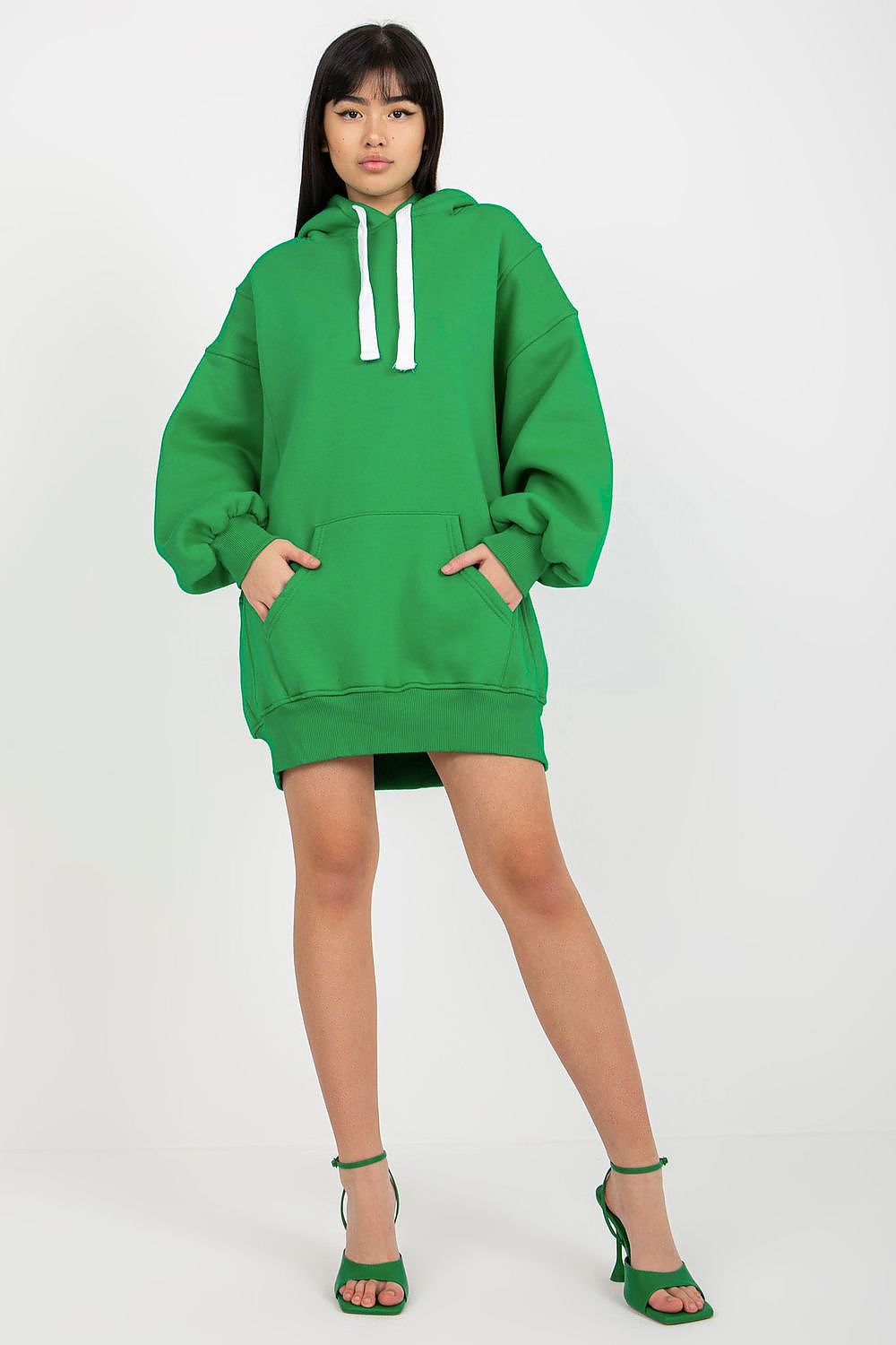 Women's hoodie green oversized longline detail view