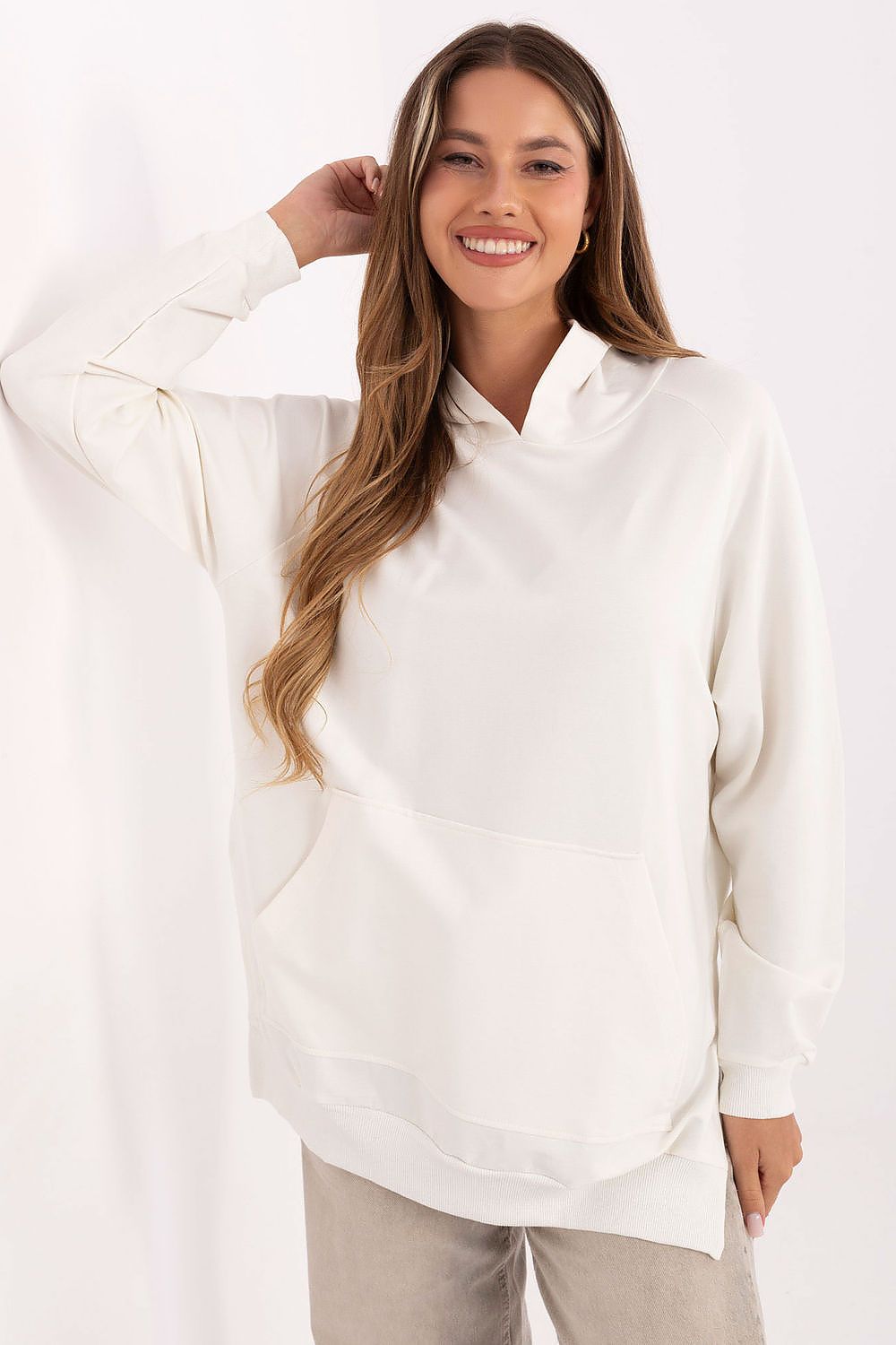 Women's hoodie beige with hood styled view