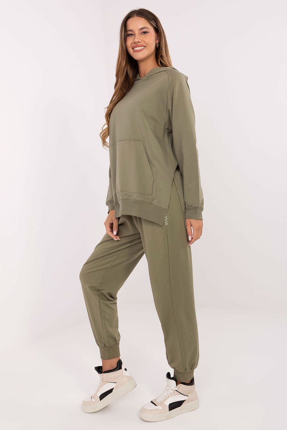 Women's hoodie green with hood styled view
