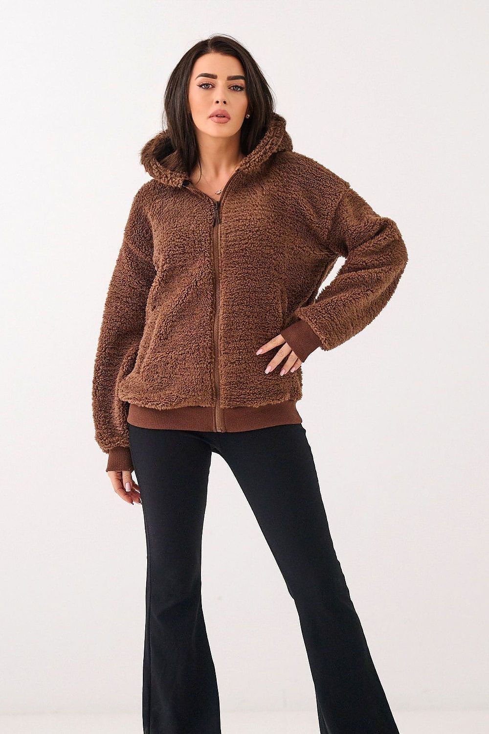 Women's hoodie brown sherpa styled view
