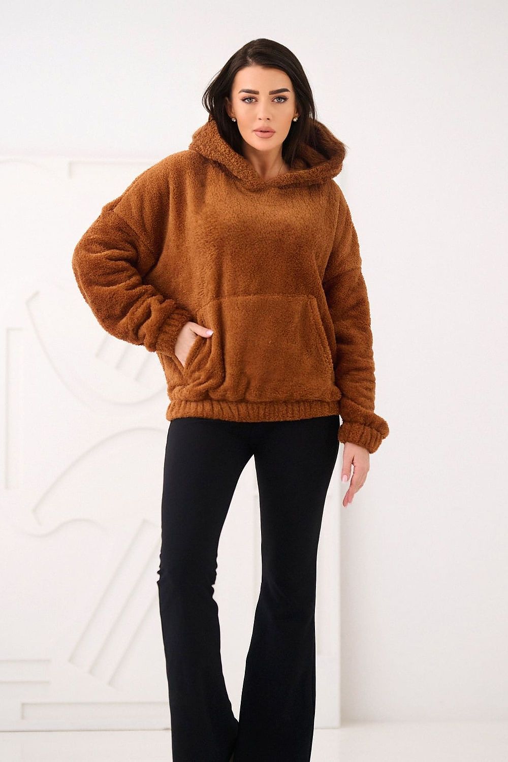 Women's hoodie brown teddy bear motif alternate front view