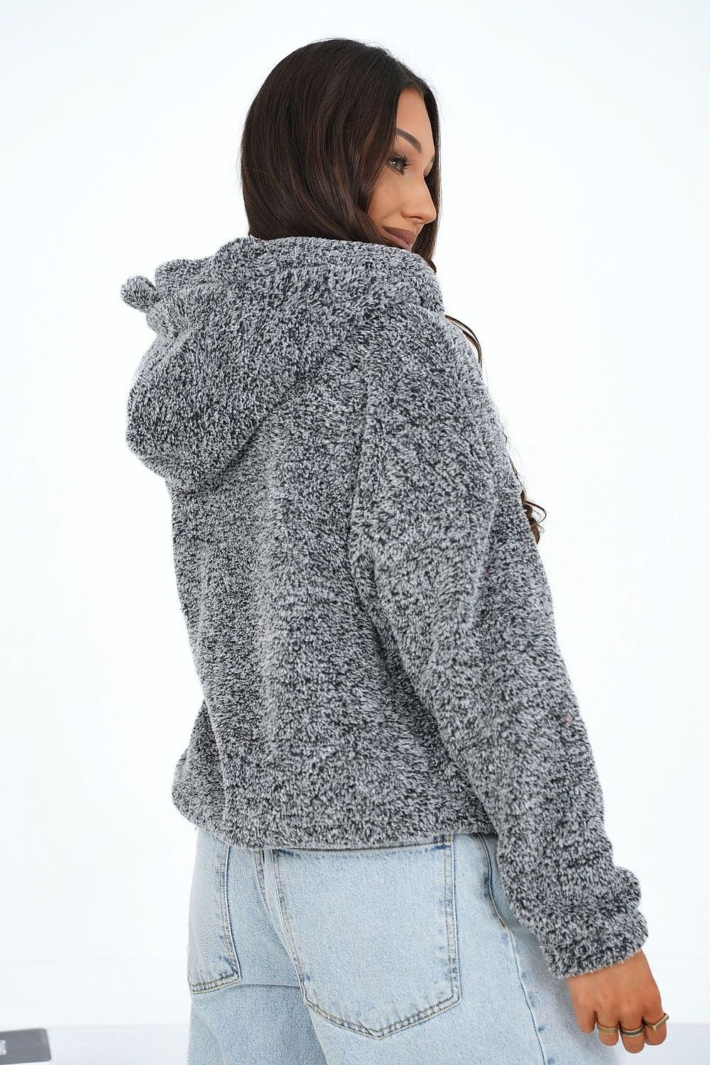 Women's hoodie grey teddy fleece casual view