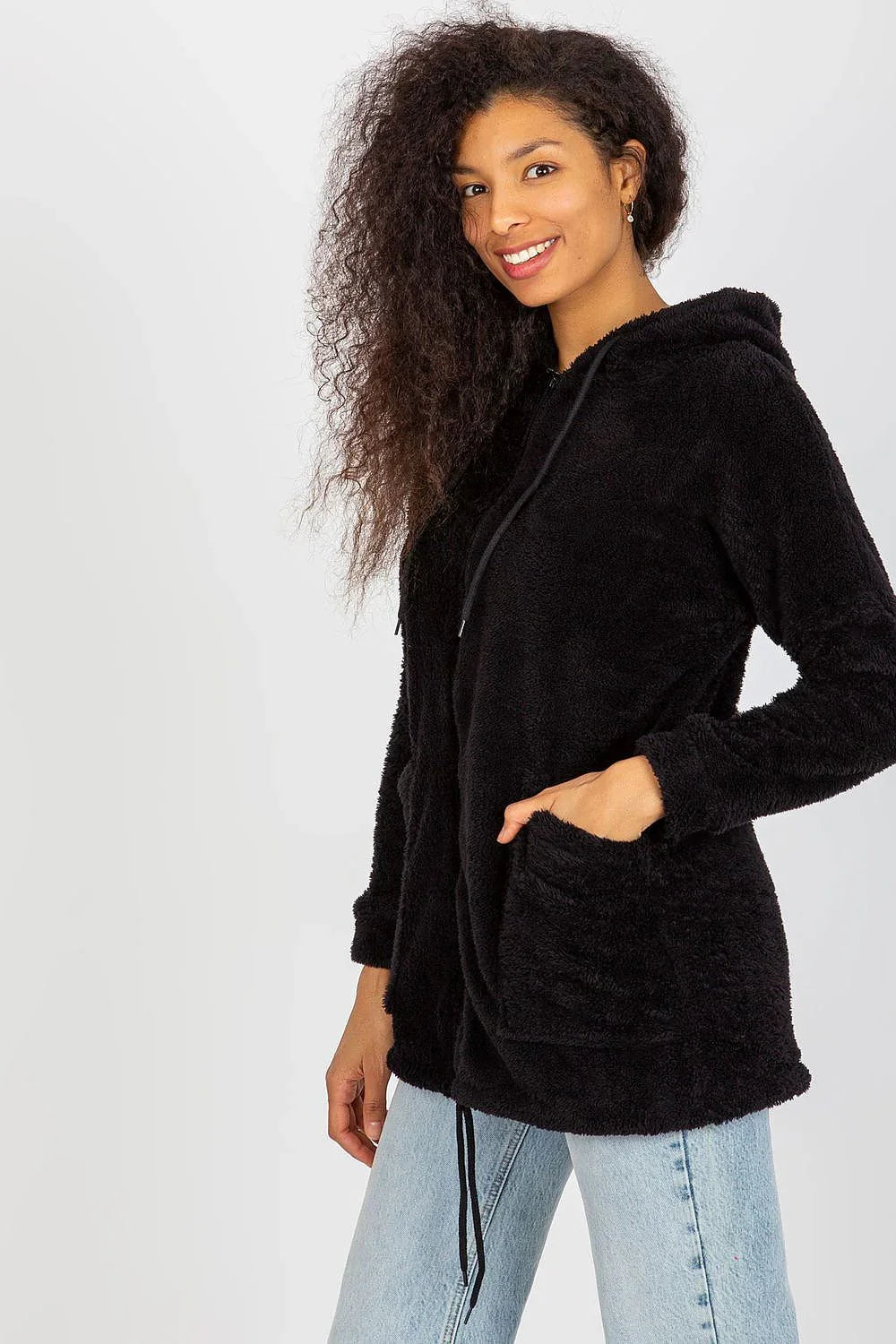 Women's Hoodie Zip-Up Relaxed Fit Split Pockets Black – Hoodie | GUOCALI – view 2