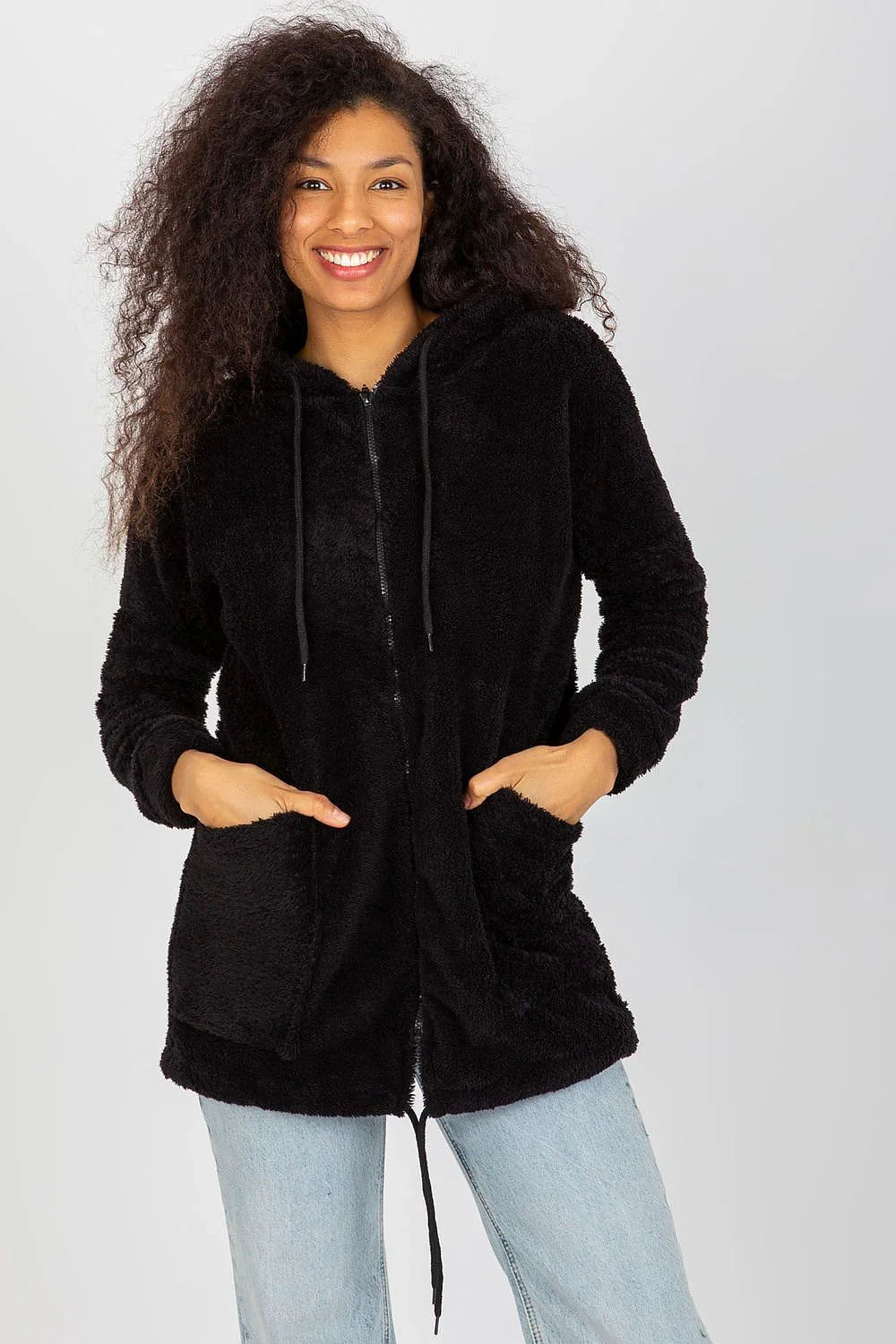 Women's Hoodie Zip-Up Relaxed Fit Split Pockets Black – Hoodie | GUOCALI – view 3
