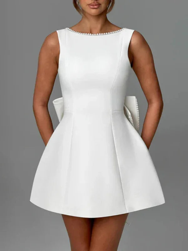 Women's Pearl Bow Fashion Slim Short Skirt Back Hot Girl A-Line Dress-Skirt-GUOCALI