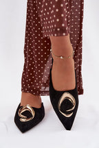 Women's Pointed-Toe Suede Mules with Gold Detail – Sandals | GUOCALI – view 6