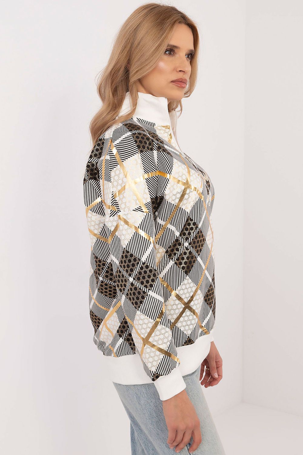 Women's Sweatshirt Argyle Quarter-Zip Mock Neck Cotton Blend – Sweatshirt | GUOCALI – view 2