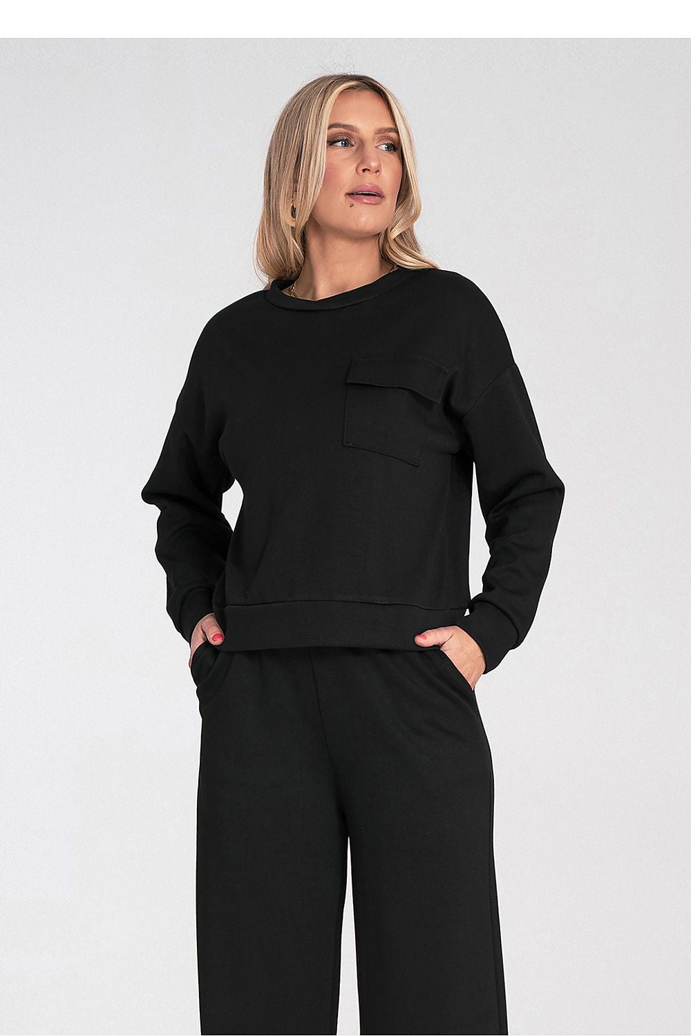 Women's sweatshirt black chest flap pocket front view