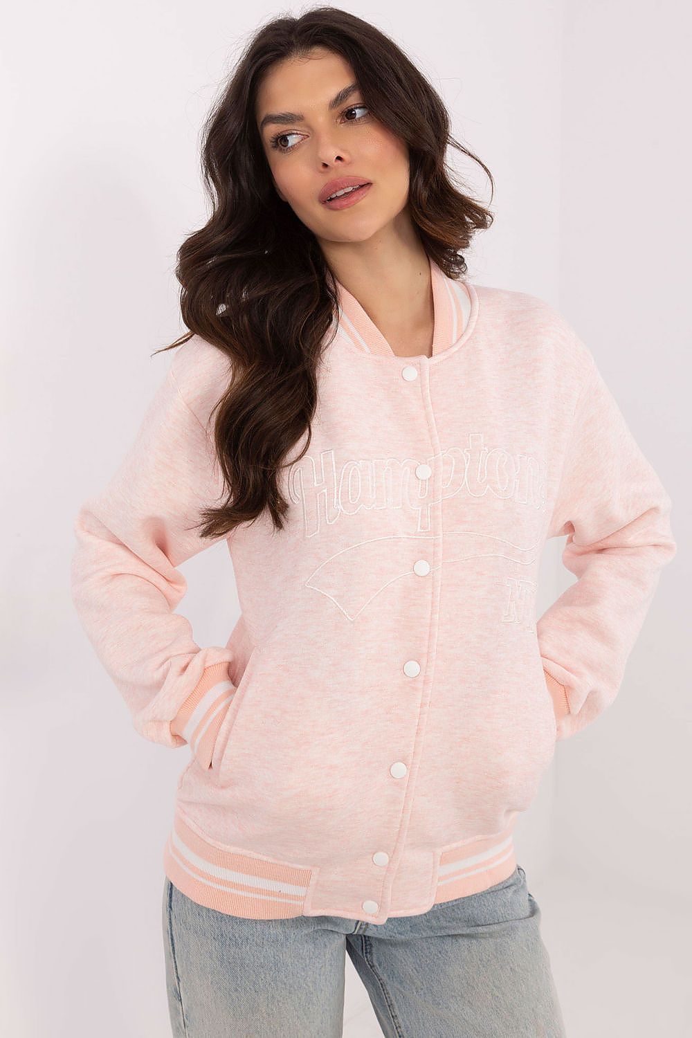 Women's sweatshirt pink collarless button front view