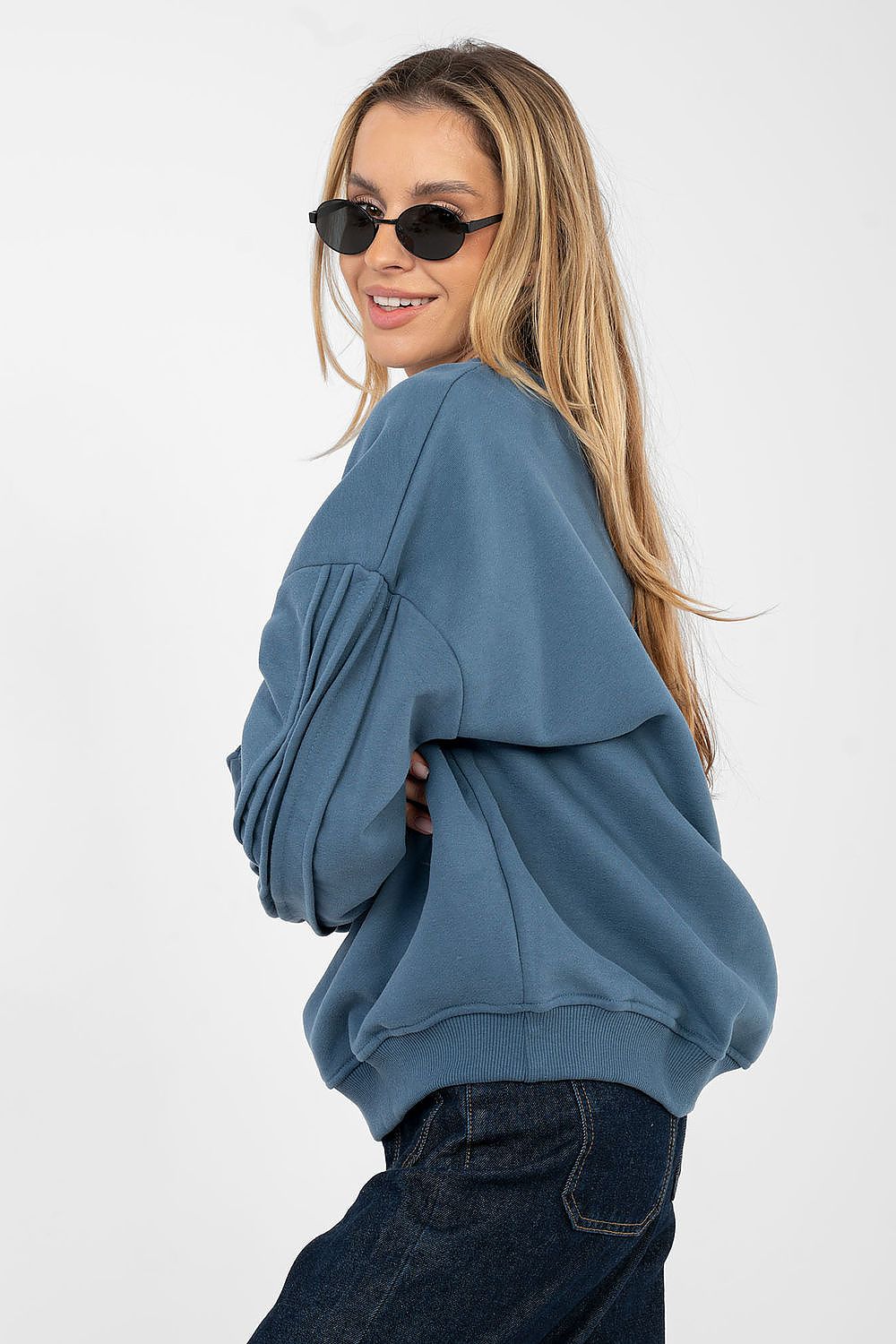 Women's sweatshirt blue sleeve stitching side view