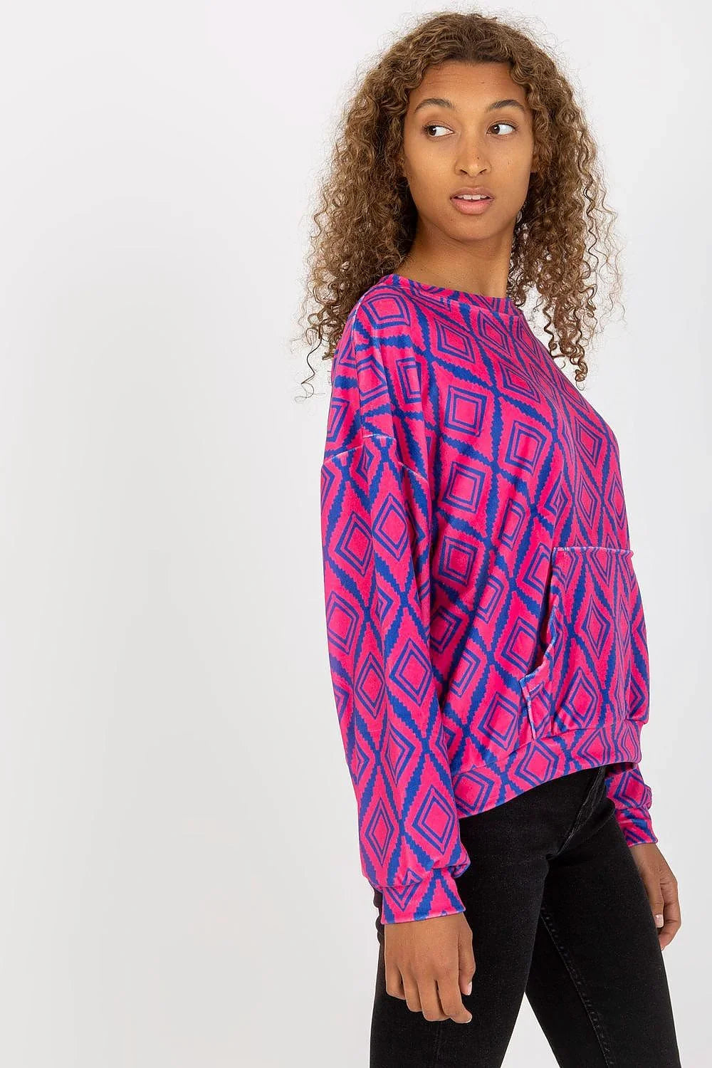 Women's Sweatshirt Crew Neck Geometric Kangaroo Pocket Pink – Sweatshirt | GUOCALI – view 2