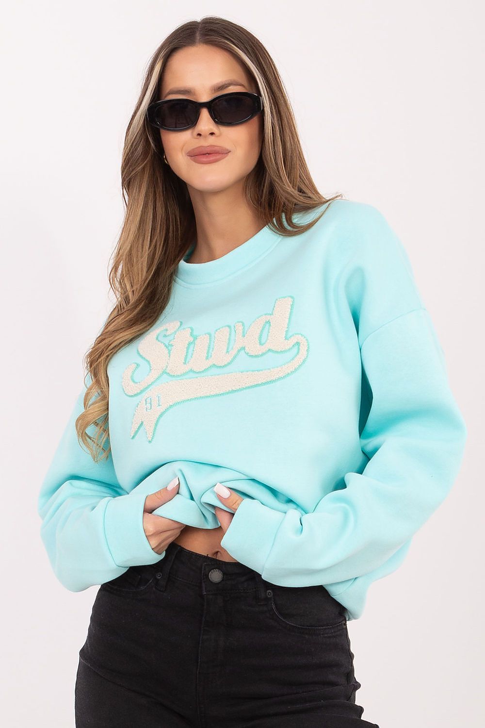 Women's sweatshirt green crew neck graphic print front view