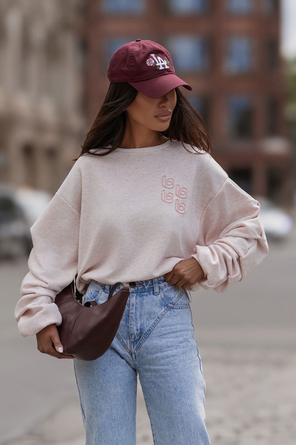 Women's sweatshirt pink crew neck loose fit front view